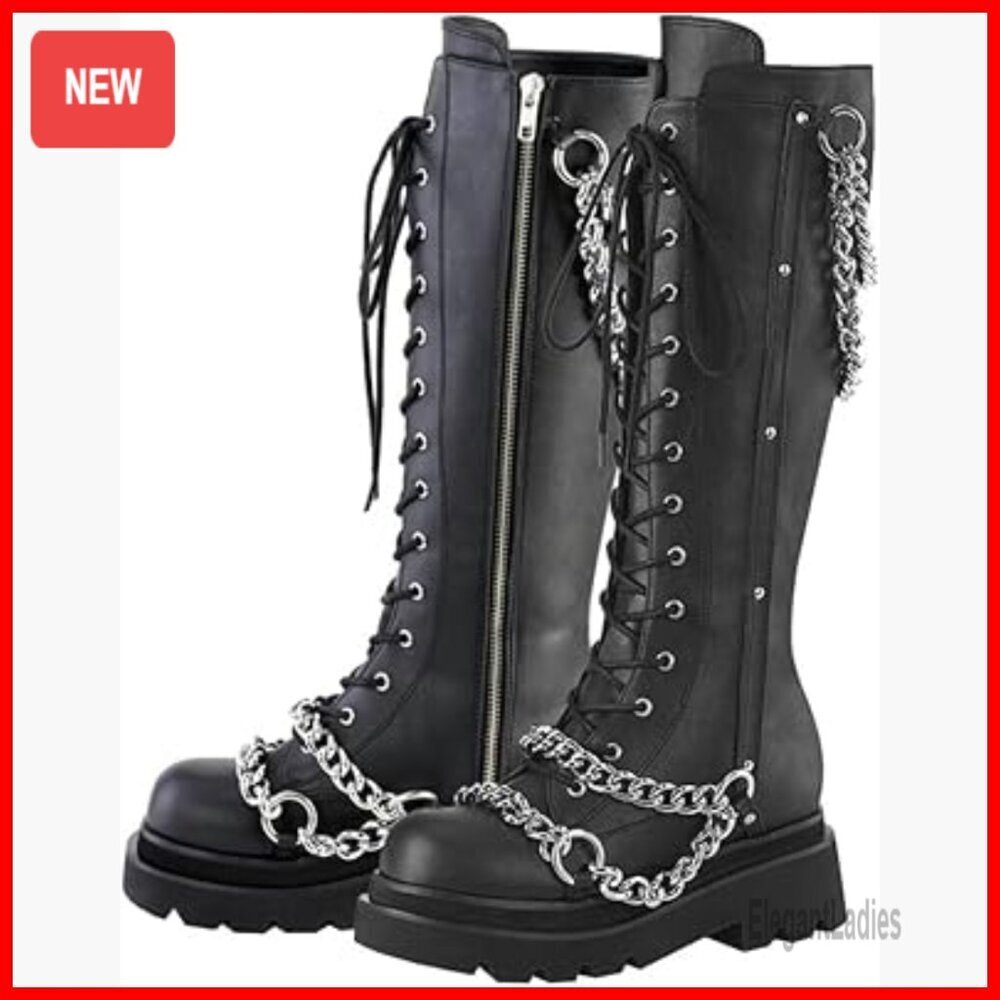 Knee High Platform Combat Boots Chunky Heel Lace Up Motorcycle Boots